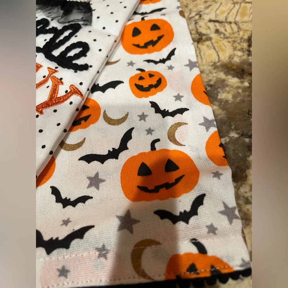 Goblin & Ghoul enbroidered kitchen towels set LITTLE WITCHY and pumpkins NEW!